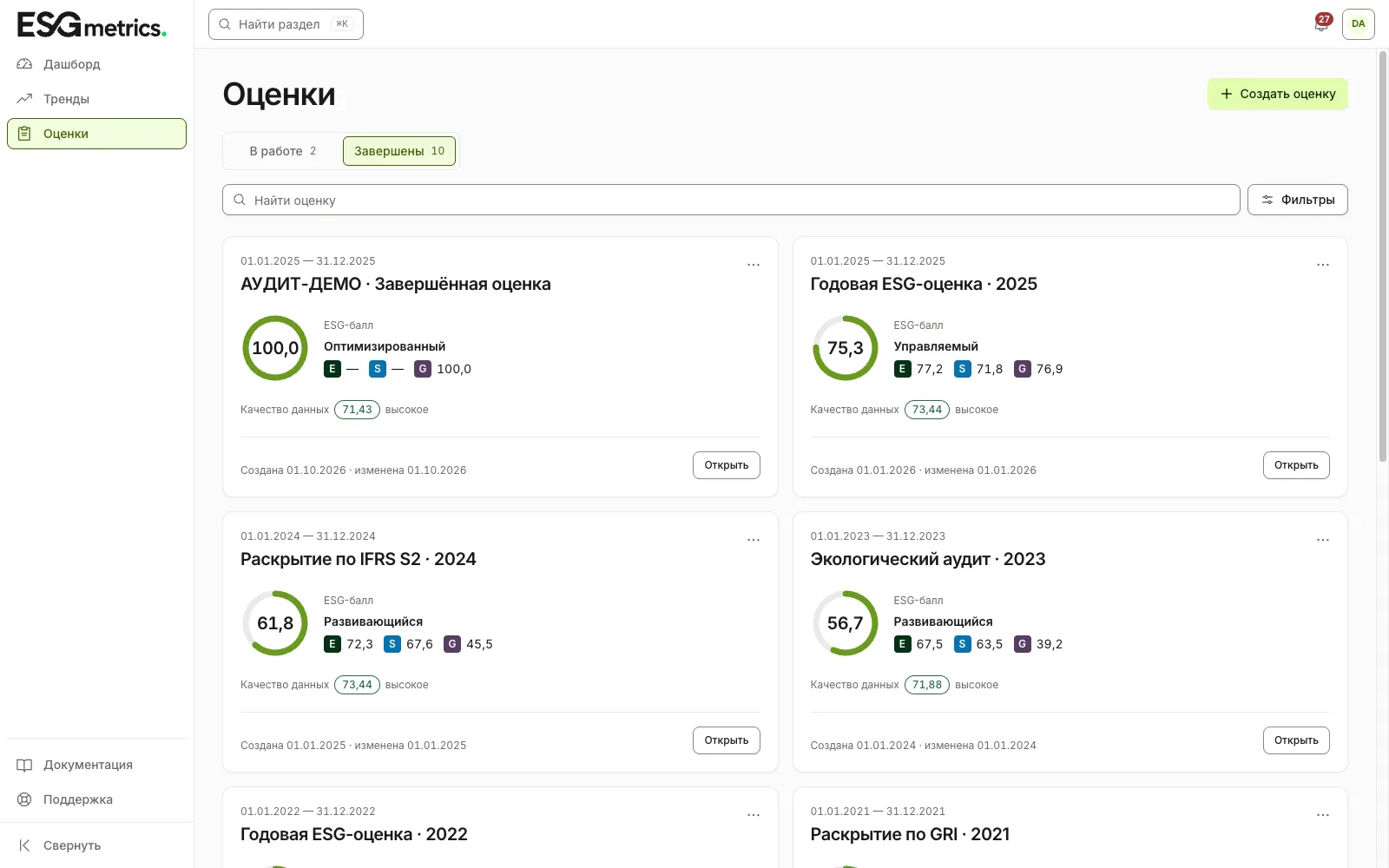 Раздел «Оценки», вкладка «Завершены» — карточки с ESG-баллом, поиск и кнопка «Фильтры»