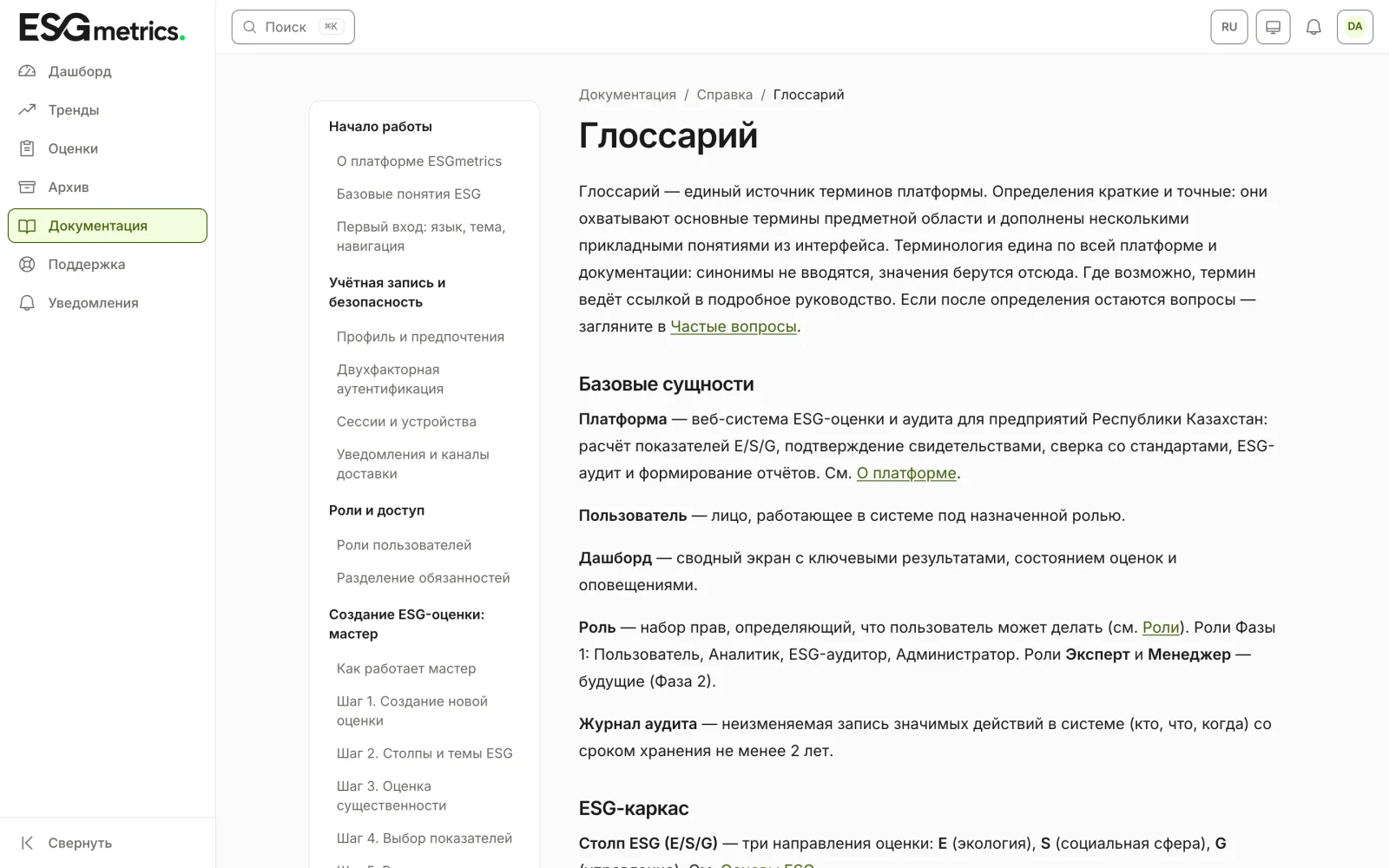 Страница глоссария с алфавитным списком терминов